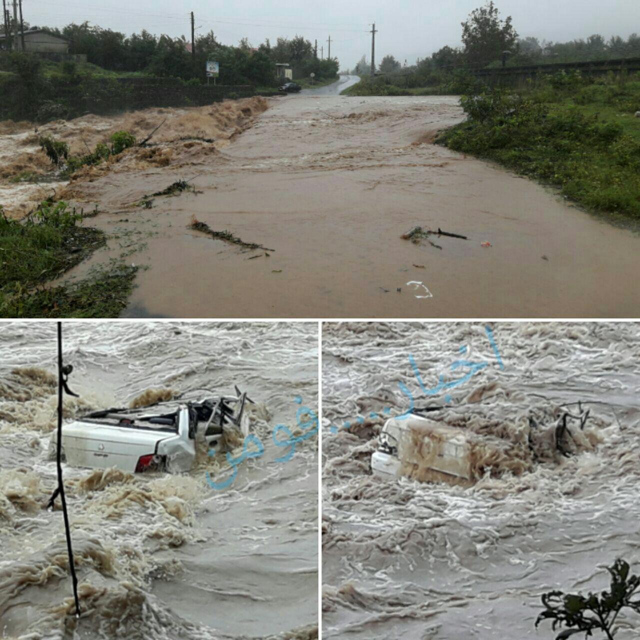 سقوط پراید در رودخانه روستای رودبارچیره شهرستان فومن/سرعت بالای آب استفاده از قایقهای امدادی را غیر ممکن ساخت